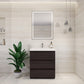 Modern bathroom vanity with a beige engineered wood base and a brown natural wood finish, featuring a rectangular sink and three drawers, with a plant decoration and a mirrored wall in the background.