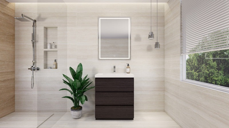 Modern bathroom vanity with a beige engineered wood base and a brown natural wood finish, featuring a rectangular sink and three drawers, with a plant decoration and a mirrored wall in the background.