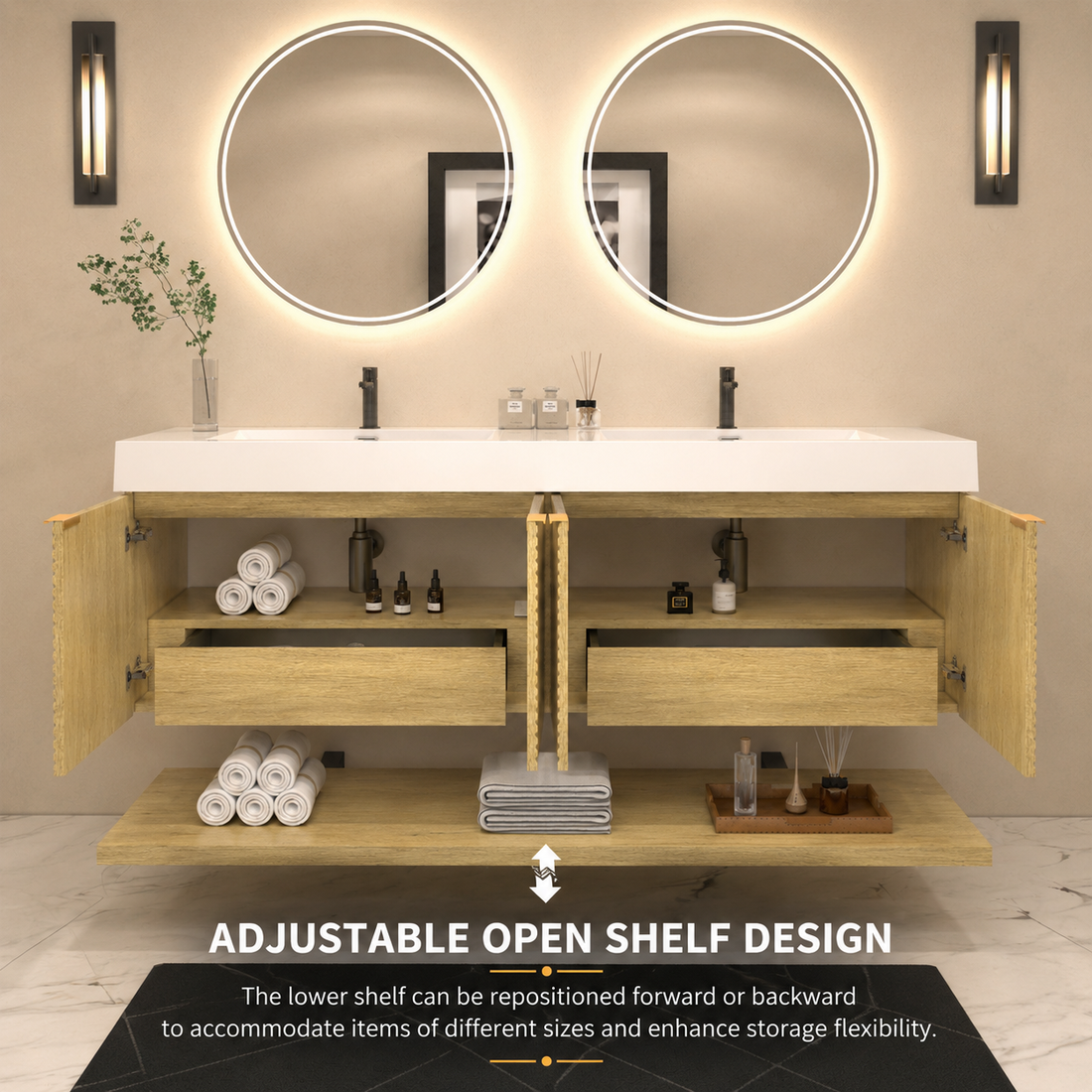 Karina 60" Fluted Double Sink Floating Bathroom Vanity with Integrated Sink