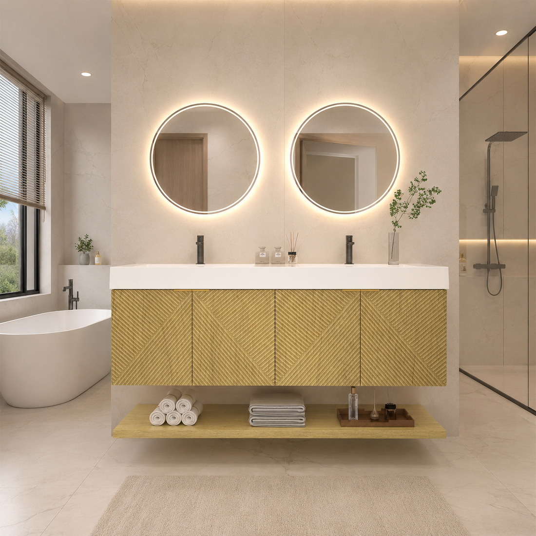 Karina 60" Fluted Double Sink Floating Bathroom Vanity with Integrated Sink