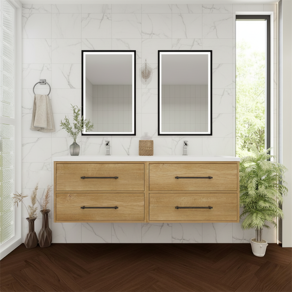 Arezzo 60" Solid Wood Double Sink Floating Bathroom Vanity (4 Drawers)