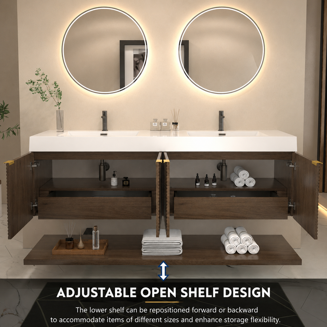 Karina 72" Fluted Double Sink Floating Bathroom Vanity with Integrated Sink