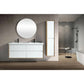 A modern wall-mounted Fiora bathroom vanity with a double sink and four drawers, featuring a white color palette and a mirrored surface.
