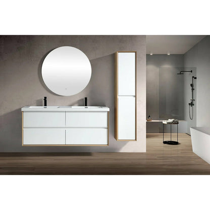 A modern wall-mounted Fiora bathroom vanity with a double sink and four drawers, featuring a white color palette and a mirrored surface.