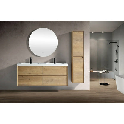 Wall-mounted Fiora double sink bathroom vanity with a mirrored wall above it, in a modern bathroom setting.