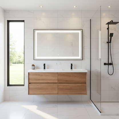 Modern bathroom with wooden vanity, mirror, and shower area.
