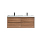 Wall-mounted Fiora double sink bathroom vanity with a wood veneer finish and chrome faucet.