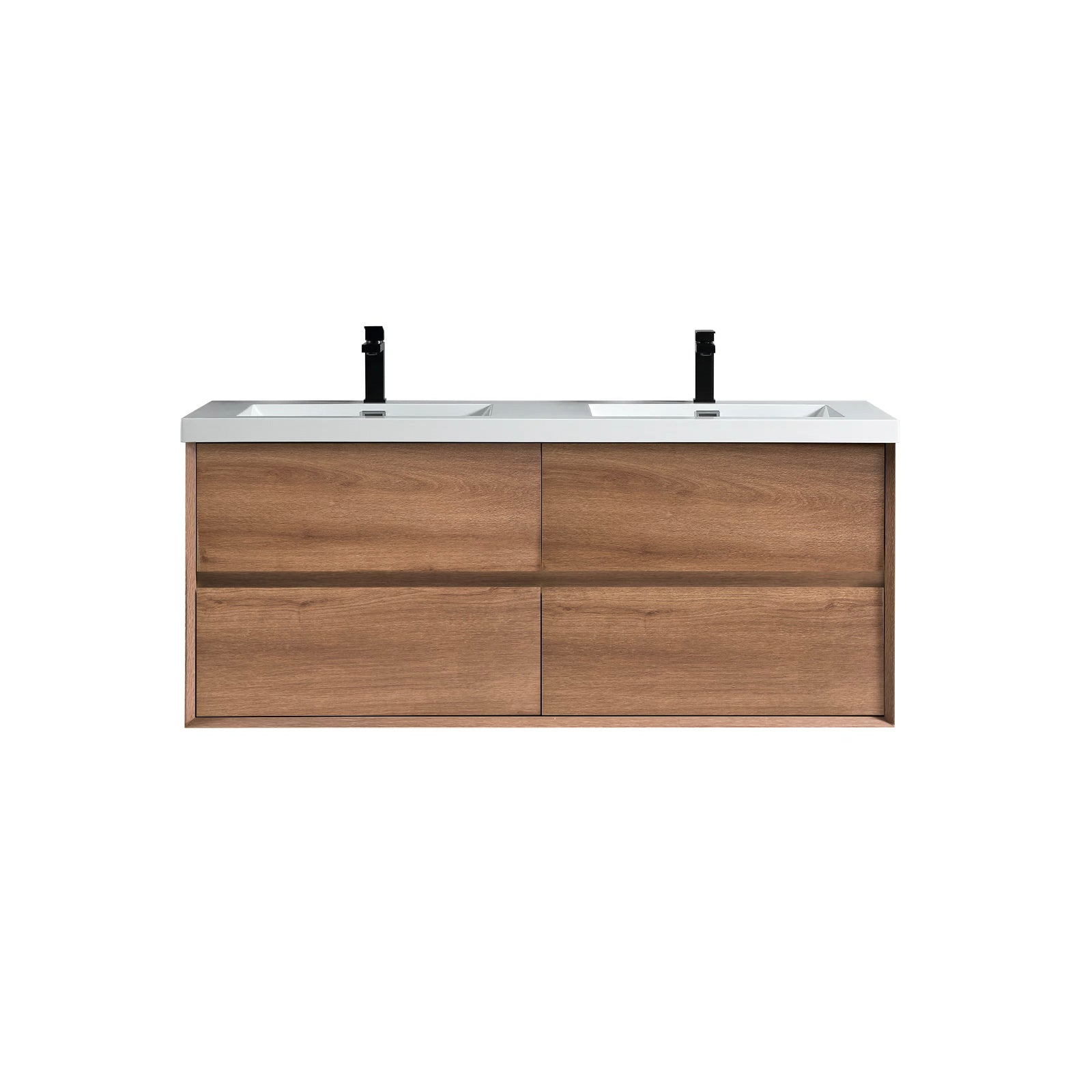 Wall-mounted Fiora double sink bathroom vanity with a wood veneer finish and chrome faucet.