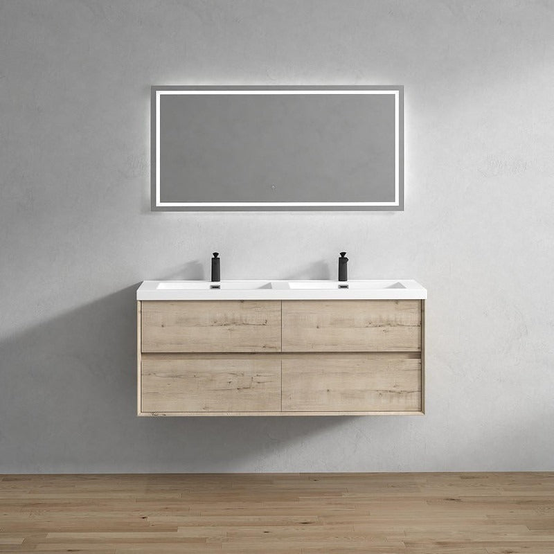 A modern double sink floating bathroom vanity with a light wood finish and silver faucet hardware, accompanied by a rectangular mirror above it. The vanity has two sinks and four drawers, and is depicted in a room with wooden flooring.