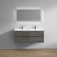 Wall-mounted Fiora double sink bathroom vanity with a modern design, featuring a gray wood finish and a rectangular mirror above the sink.