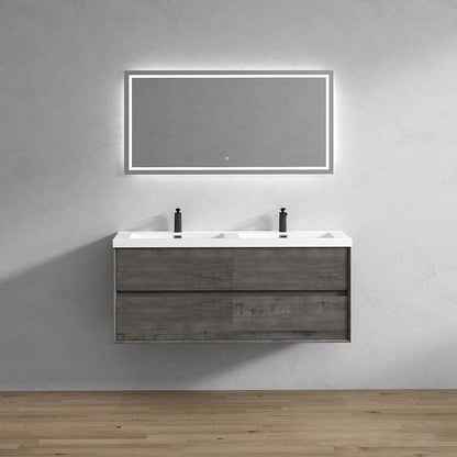 Wall-mounted Fiora double sink bathroom vanity with a modern design, featuring a gray wood finish and a rectangular mirror above the sink.