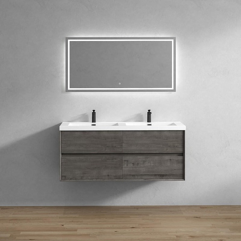 Wall-mounted Fiora double sink bathroom vanity with a modern design, featuring a gray wood finish and a rectangular mirror above the sink.