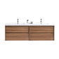 Wall-mounted Fiora double sink bathroom vanity with a white countertop and brown wooden cabinet.