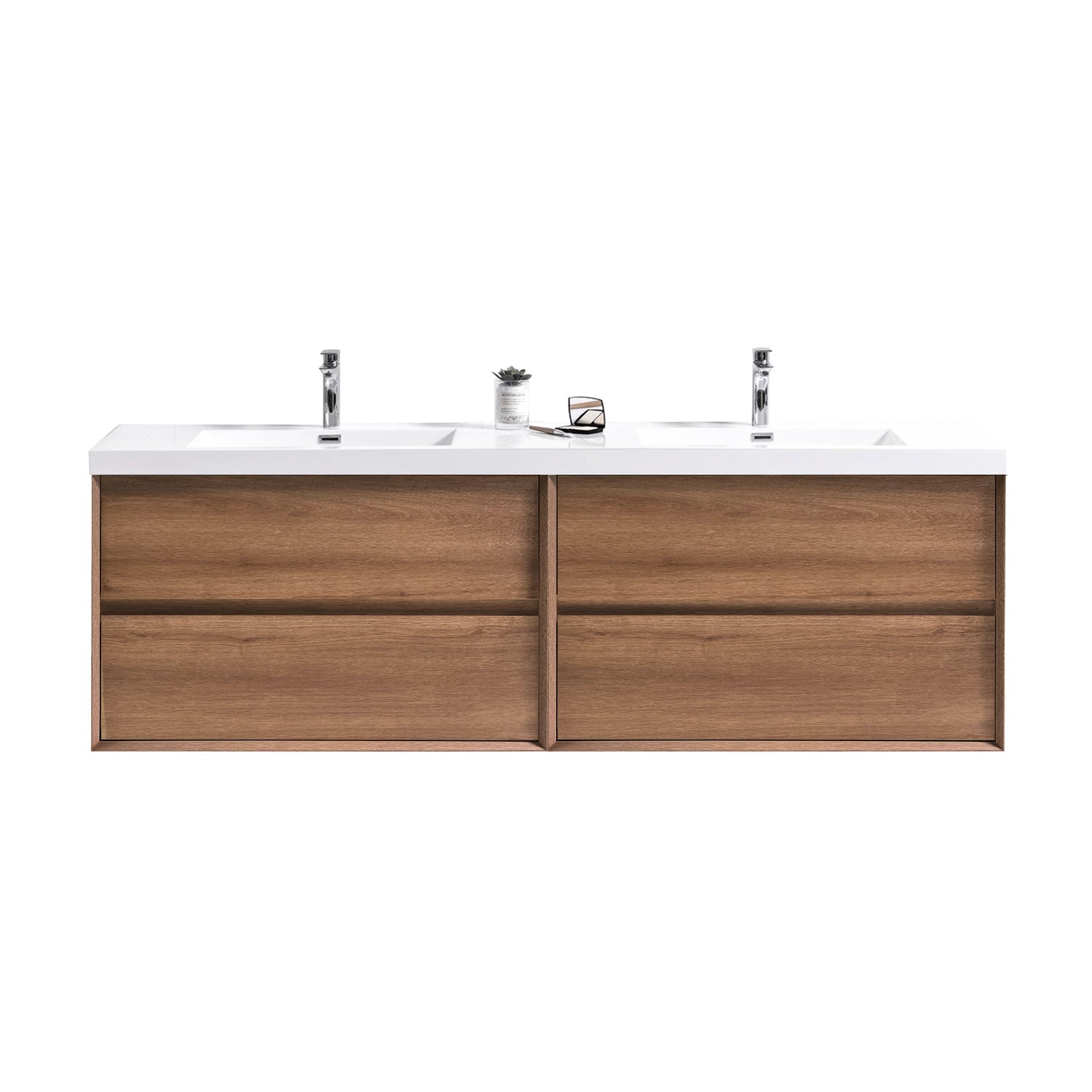Wall-mounted Fiora double sink bathroom vanity with a white countertop and brown wooden cabinet.