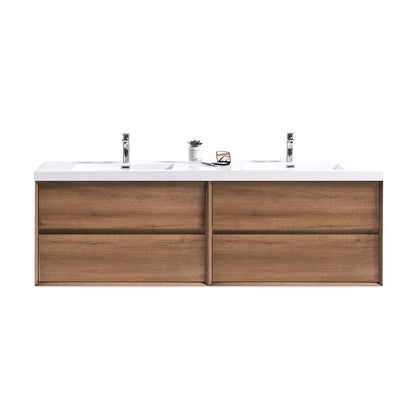 Wall-mounted Fiora double sink bathroom vanity with a white countertop and brown wooden cabinet.