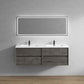 Wall-mounted Fiora double sink bathroom vanity with a modern design, featuring a white countertop and a mirrored wall above it, set against a grey background.