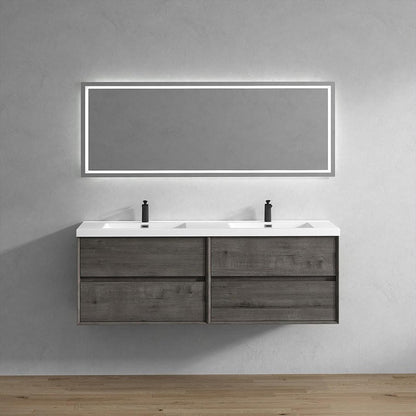 Wall-mounted Fiora double sink bathroom vanity with a modern design, featuring a white countertop and a mirrored wall above it, set against a grey background.