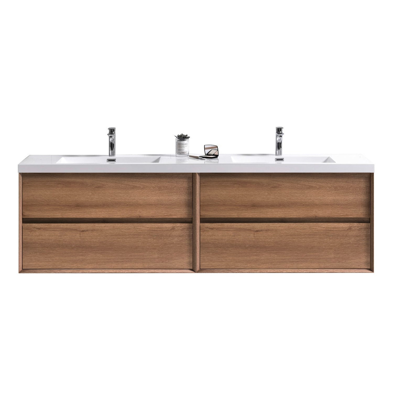 Wall-mounted Fiora double sink bathroom vanity with a brown wood veneer finish and a white countertop, featuring a sink and two drawers.