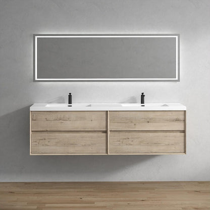 Wall-mounted Fiora double sink bathroom vanity with a neutral-color wood veneer finish, featuring a rectangular mirror and two black faucets on a light wood surface.