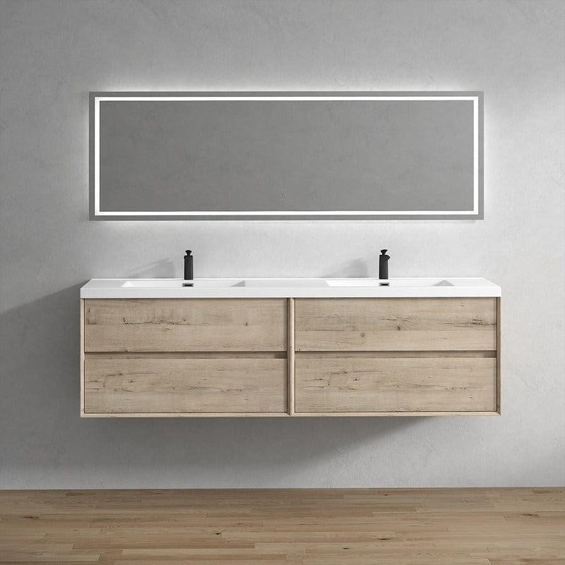 Wall-mounted Fiora double sink bathroom vanity with a neutral-color wood veneer finish, featuring a rectangular mirror and two black faucets on a light wood surface.