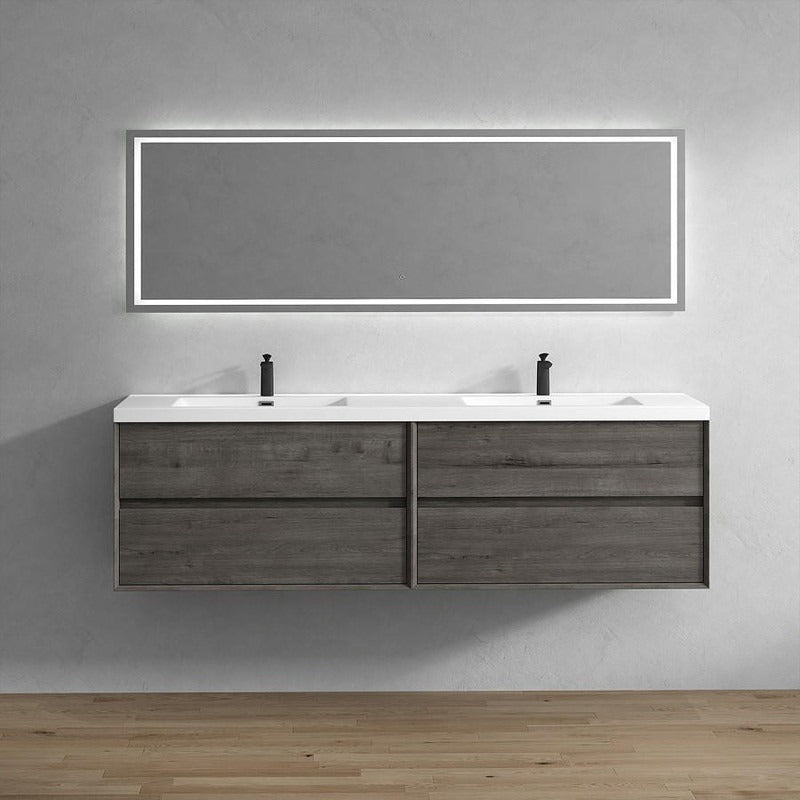 Wall-mounted Fiora double sink bathroom vanity with a mirrored wall above it, featuring a wood veneer finish.