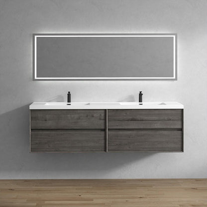 Wall-mounted Fiora double sink bathroom vanity with a mirrored wall above it, featuring a wood veneer finish.