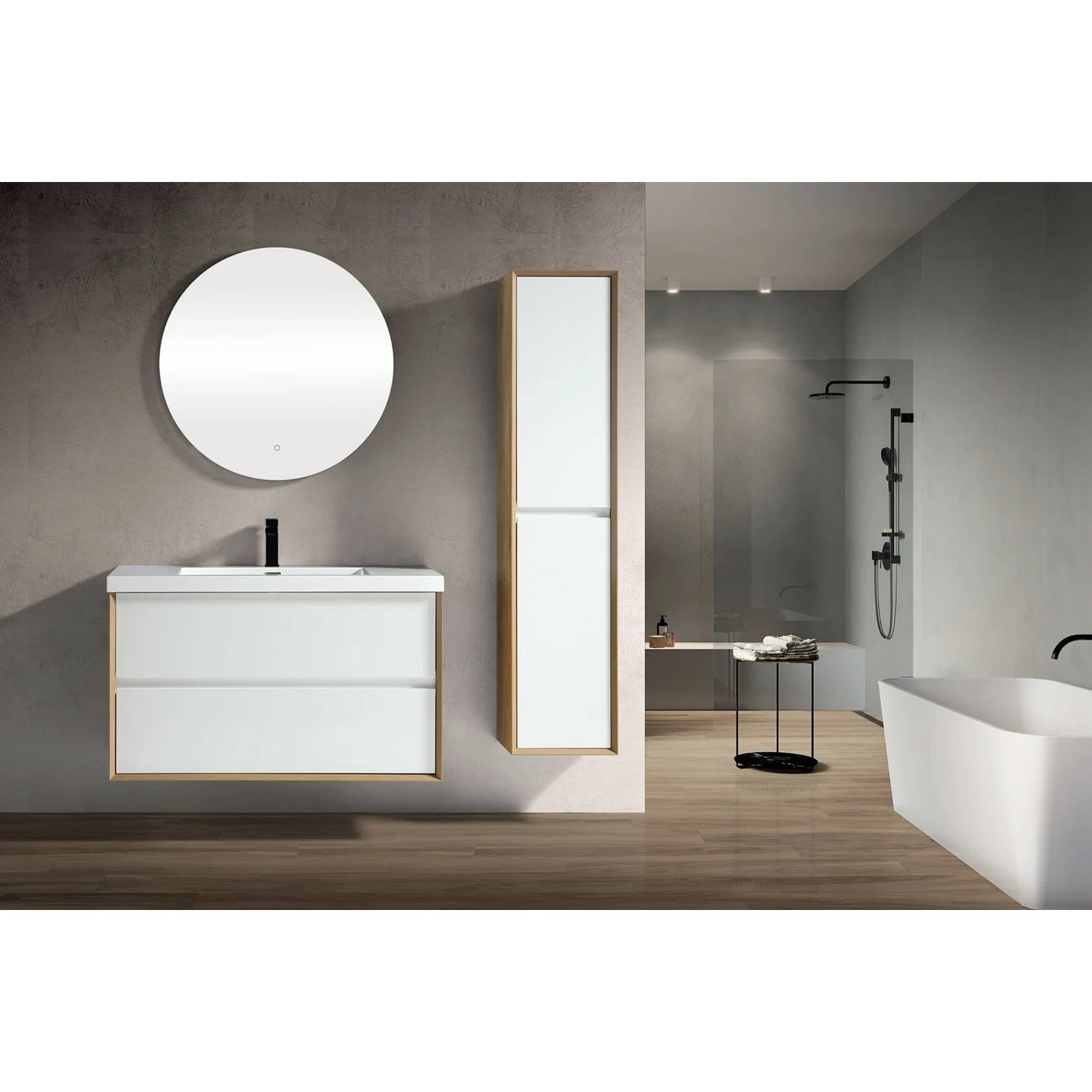 A wall-mounted Fiora bathroom vanity with a mirrored surface and a sleek white design, positioned in a modern bathroom setting.