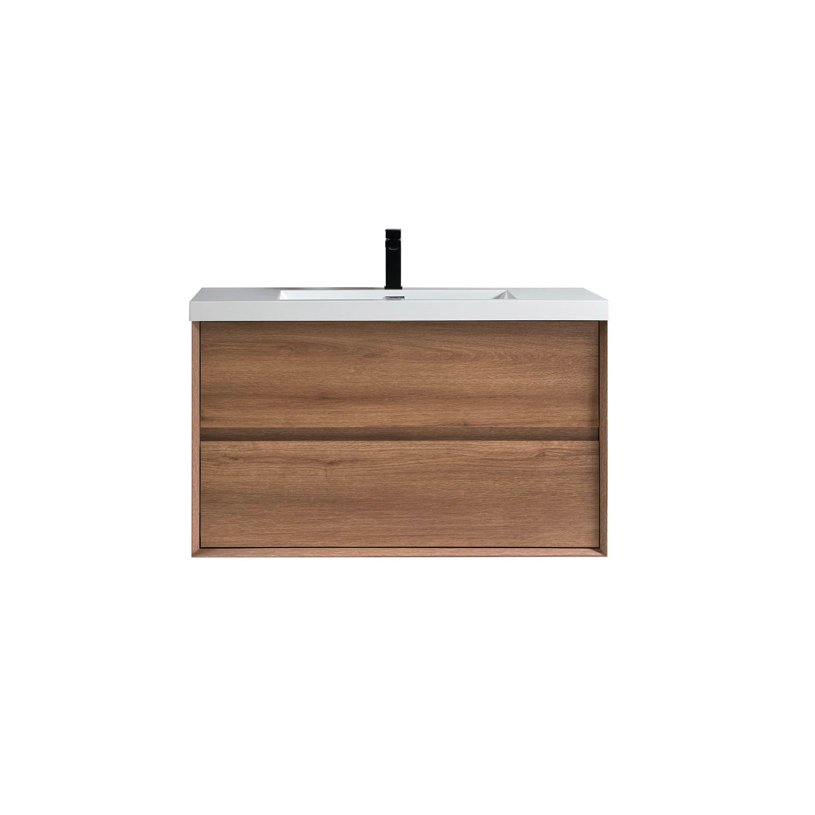 A wall-mounted Fiora brand bathroom vanity with a brown wood veneer finish and a white countertop, featuring a chrome faucet and a single sink.