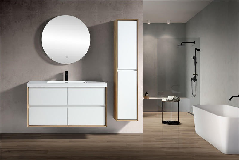 A modern wall-mounted Fiora bathroom vanity with a single sink, featuring a white countertop and drawers in a bathroom setting.