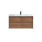 A wall-mounted Fiora brand bathroom vanity featuring a single sink, with a brown wood veneer finish and a black faucet.