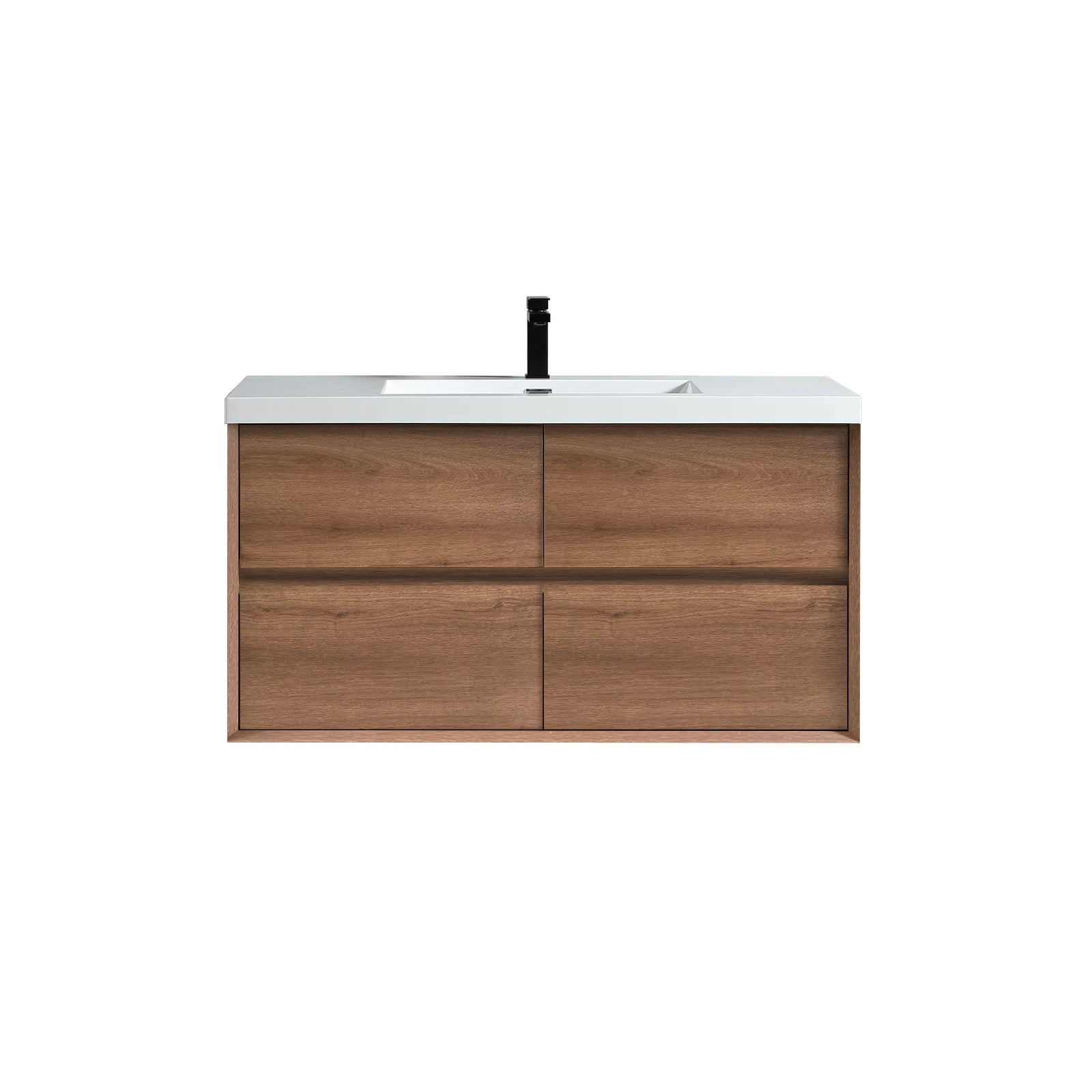 A wall-mounted Fiora brand bathroom vanity featuring a single sink, with a brown wood veneer finish and a black faucet.