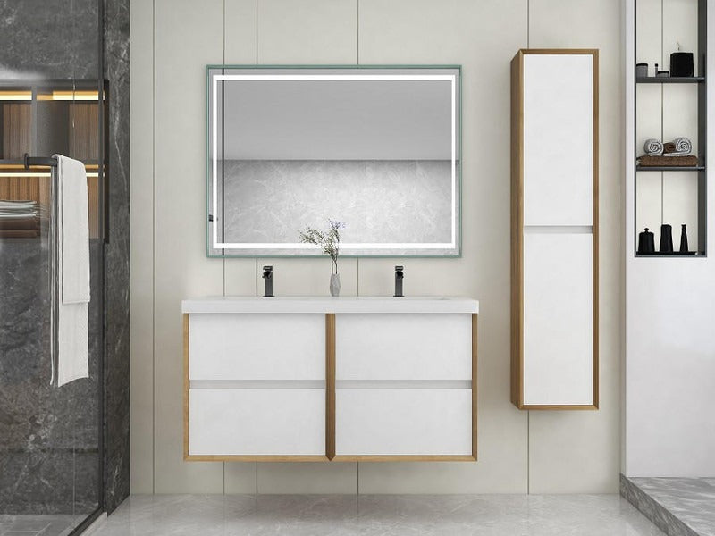 A modern wall-mounted Fiora bathroom vanity with double sinks and a sleek design, featuring white drawers and a white countertop with a gray vein finish.