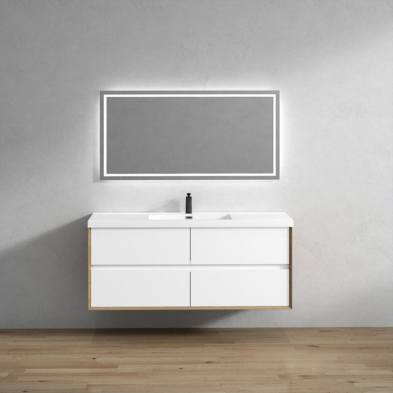 A wall-mounted, single sink bathroom vanity with a white finish and gold accents, featuring a rectangular mirror and a modern design.