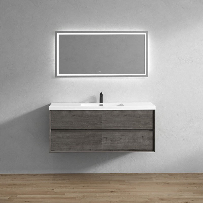 Wall-mounted Fiora bathroom vanity with a single sink, featuring a wood veneer finish and a rectangular chrome overflow. The vanity is positioned against a white wall with a modern mirror above it.
