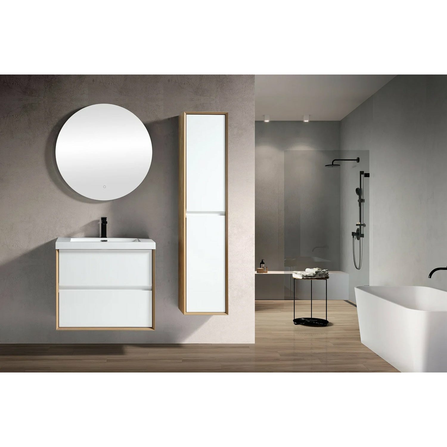 A wall-mounted Fiora bathroom vanity with a mirrored cabinet above a rectangular sink, in a modern bathroom setting.