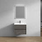 A wall-mounted Fiora brand bathroom vanity with a single sink, engineered wood veneer finish in a modern style with a rectangular chrome overflow, mounted on a white wall in a bathroom setting.