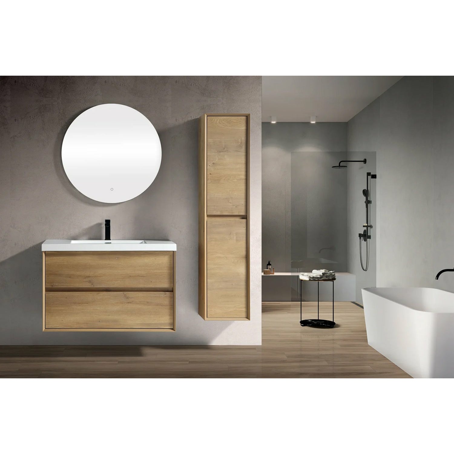 Wall-mounted bathroom vanity with a mirrored surface and a wood veneer finish, featuring a rectangular sink and two drawers, set against a modern bathroom backdrop.