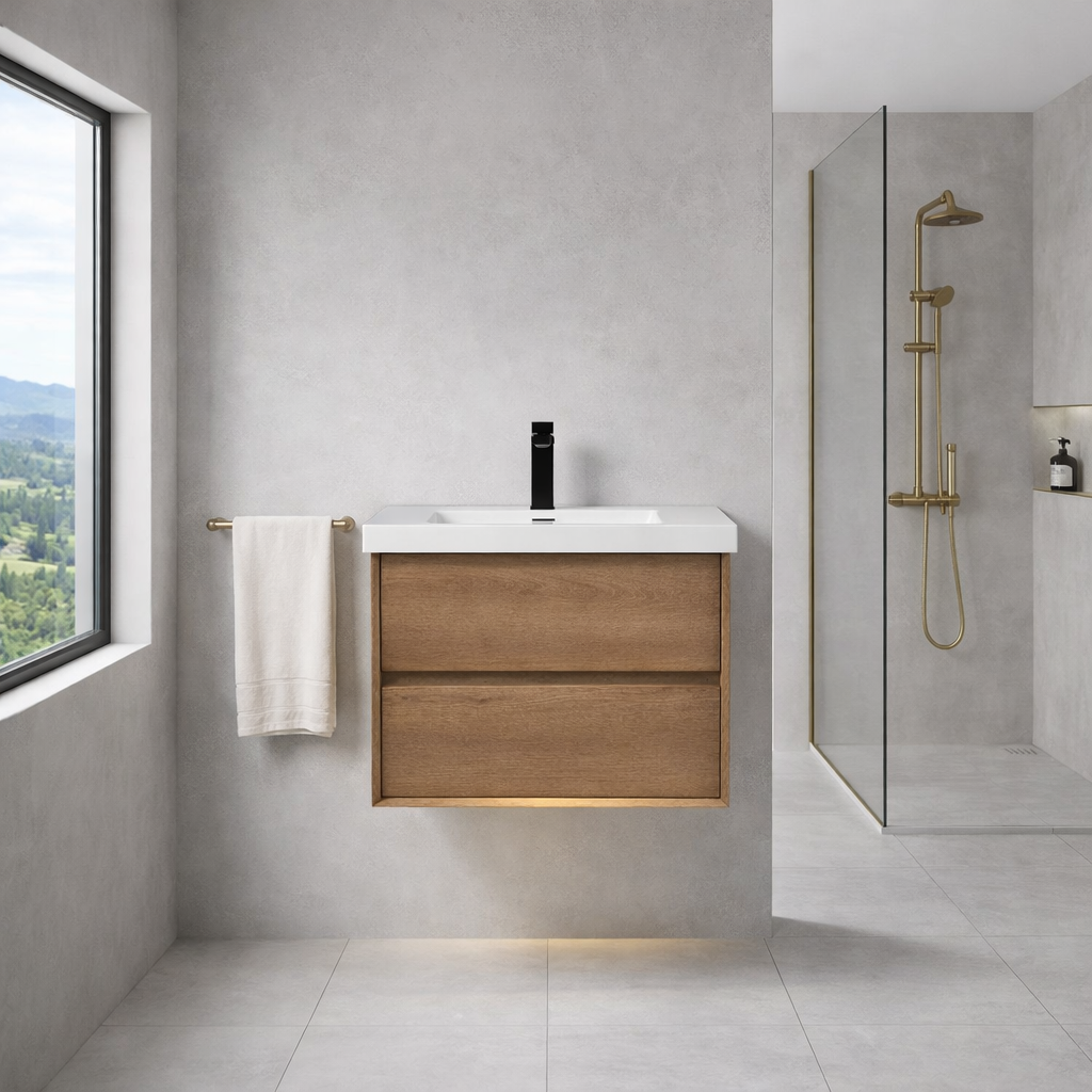 Modern bathroom with wooden vanity, white sink, and glass shower enclosure.