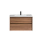 Wall-mounted rectangular bathroom vanity with a single sink, featuring a wooden veneer finish and a black faucet.