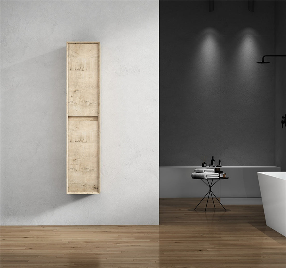 A modern linen cabinet with three drawers, constructed from marine wood veneer, mounted on a wall in a bathroom setting. The cabinet has a natural wood color and a minimalist design.