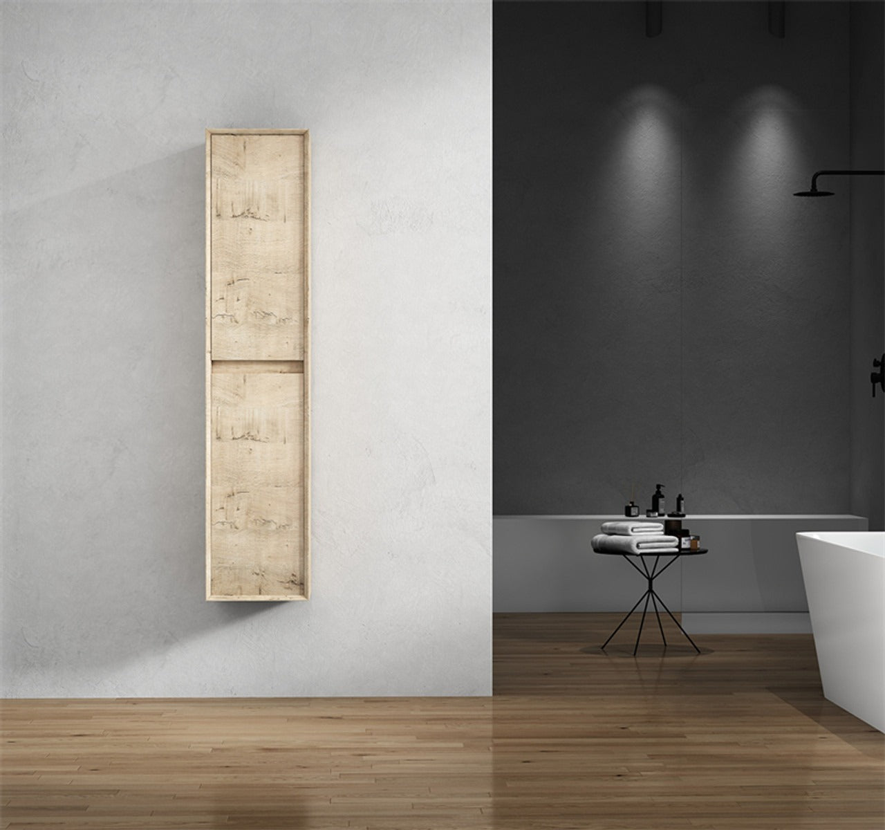 A modern linen cabinet with three drawers, constructed from marine wood veneer, mounted on a wall in a bathroom setting. The cabinet has a natural wood color and a minimalist design.